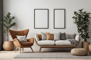 Scandinavian, Boho interior design of modern living room with accent armchair and big frame on white wall. Lively decor highlights a simple, country style with modern elements.