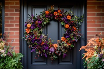 Fototapeta premium stunning autumnal wreath and floral arch decorating a black front door, featuring rich orange, purple, and burgundy blooms, creating a vibrant fall display