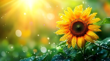 Obraz premium Sunflower Flowers Covered With Dewy Water Drops Detailed Photography Art