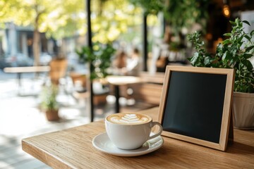 A serene cafe displays a meticulously crafted latte with artful milk foam, set against sunlit interiors and greenery, radiating relaxation and inviting ambiance.