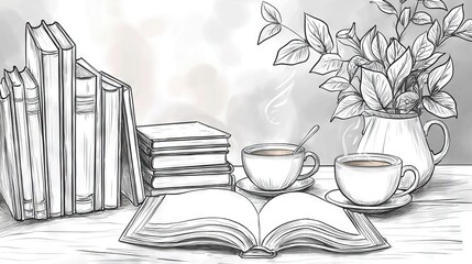   A sketch of a coffee mug with literature and floral arrangements on a table