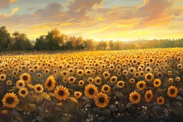 Fototapeta premium A Sunlit Field of Sunflowers at Sunset with a Distant Forest