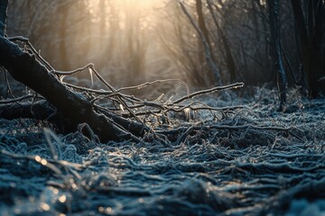 Frost-Covered Branches and Sunlight in a Winter Forest