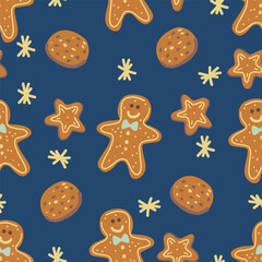 Gingerbread cookie seamless pattern. Christmas sweets on blue background.