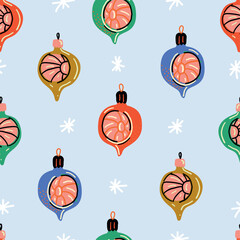 Vintage Christmas baubles. Retro ornament seamless pattern. Christmas glasses on blue background.