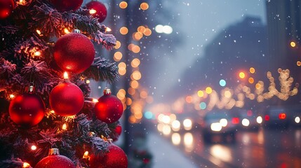 A brightly decorated Christmas tree stands in the background, with its red ornaments twinkling against a blurry backdrop of fairy lights. City lights and car headlights blur in the distance.
