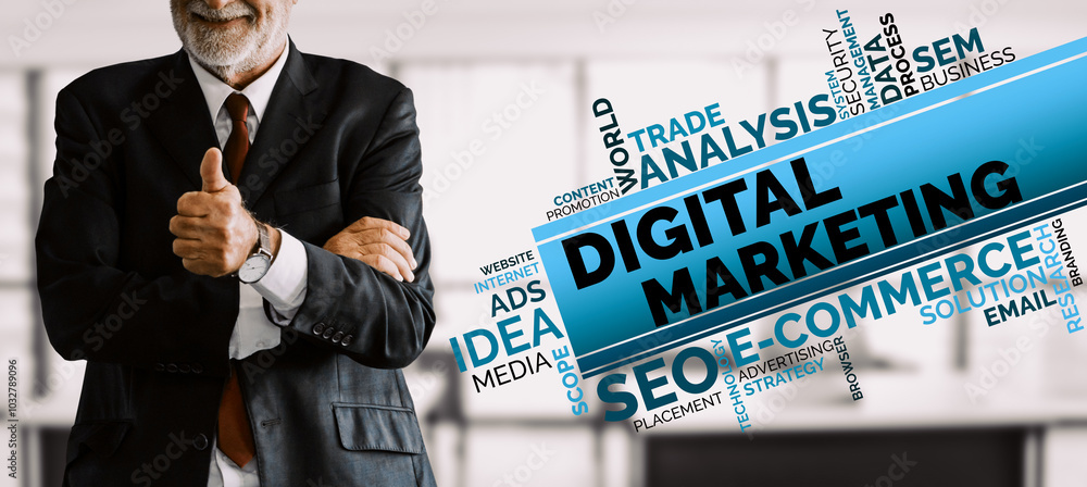 Poster digital marketing technology solution for online business concept - graphic interface showing analyt