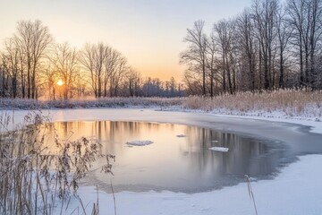 Frozen Lake with Bare Trees and a Setting Sun Reflection