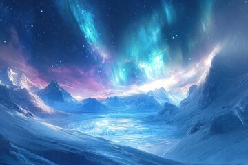 Snowy Mountain Range Under a Starry Sky with Aurora Borealis