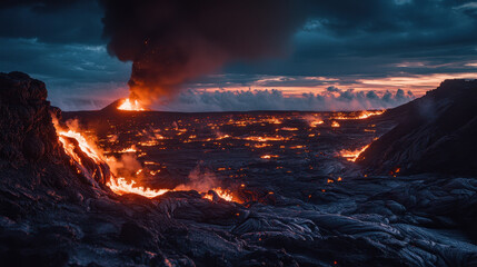 Fototapeta premium Lava rivers flow through an ancient volcanic landscape under dramatic stormy skies at twilight