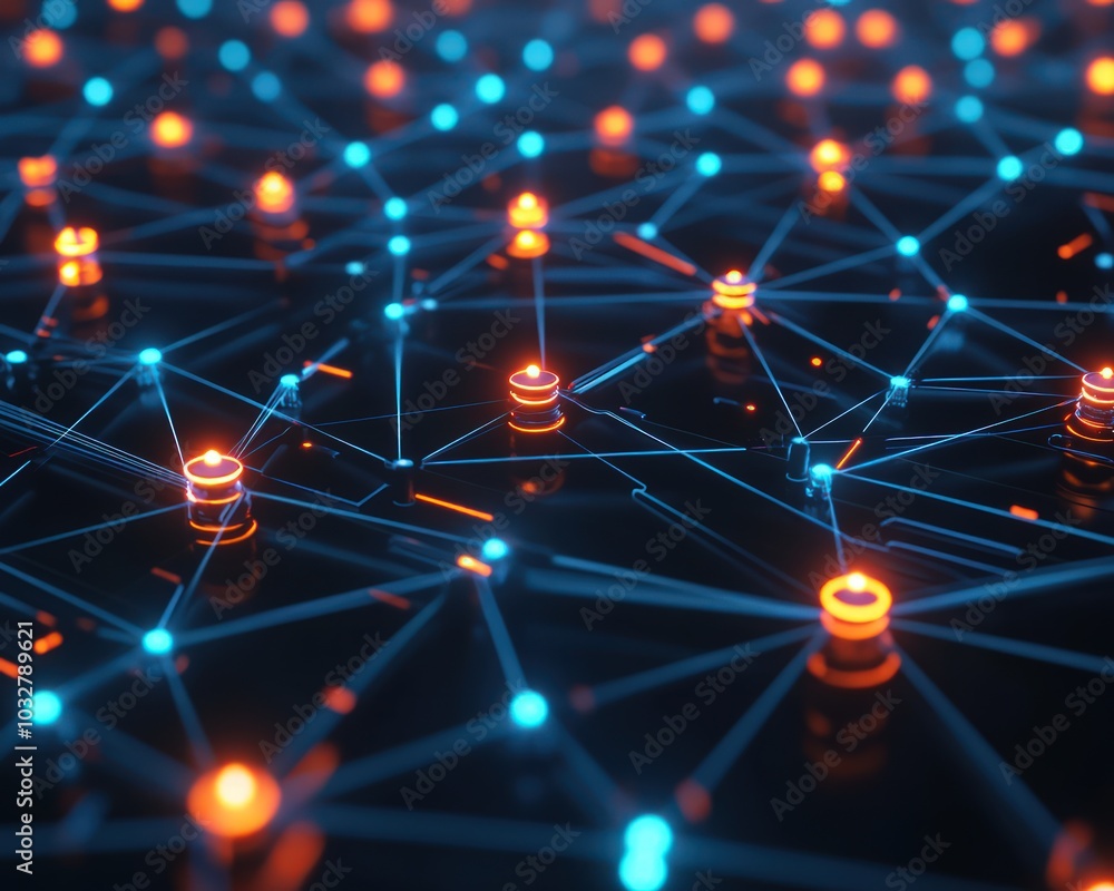 Poster Digital network with interconnected nodes and glowing data points