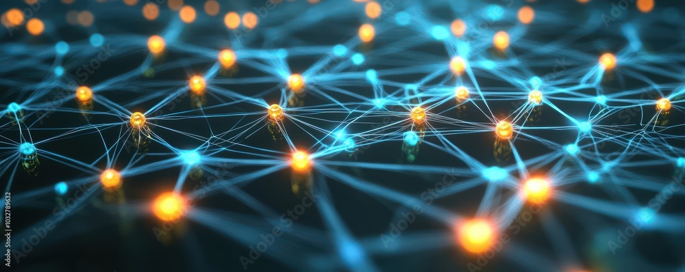 Poster Digital neural network with glowing AI nodes and intricate pathways
