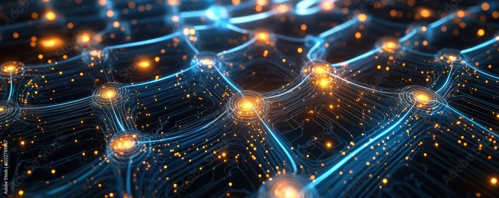 Poster Digital neural network with glowing AI nodes and intricate pathways