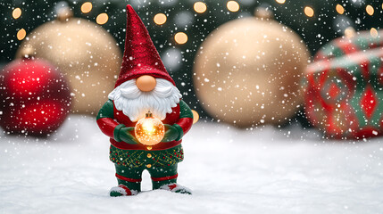 A little gnome with a Christmas ornament in the snow.