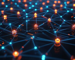 Digital network with interconnected nodes and glowing data points