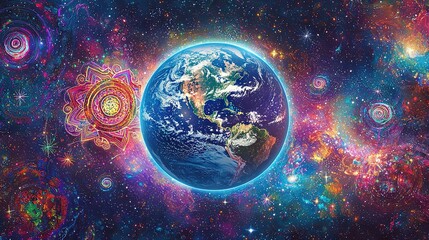 Obraz premium A vibrant photo of Earth surrounded by stars and a spiral in the foreground