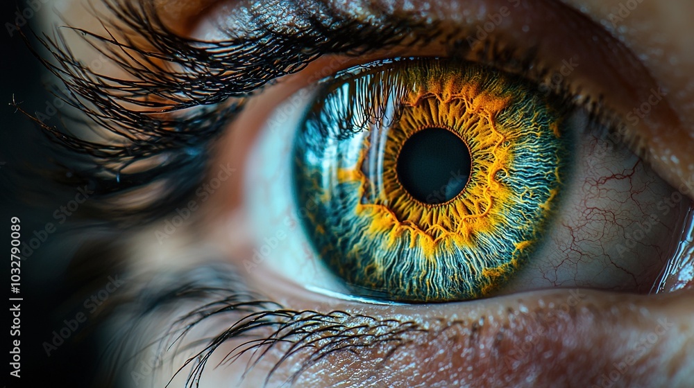 Poster   A close-up of a person's eye, showing a blue and yellow iris in the center