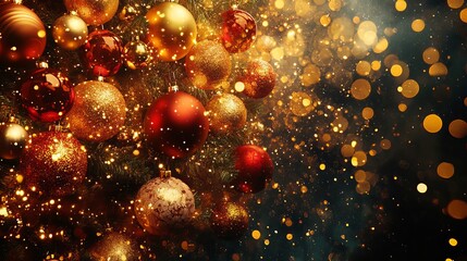 A Christmas tree is decorated with golden and red ornaments and glowing lights.