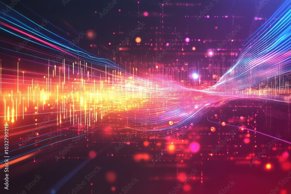 Poster digital waveform background with pulsing lines and vibrant lighting effects