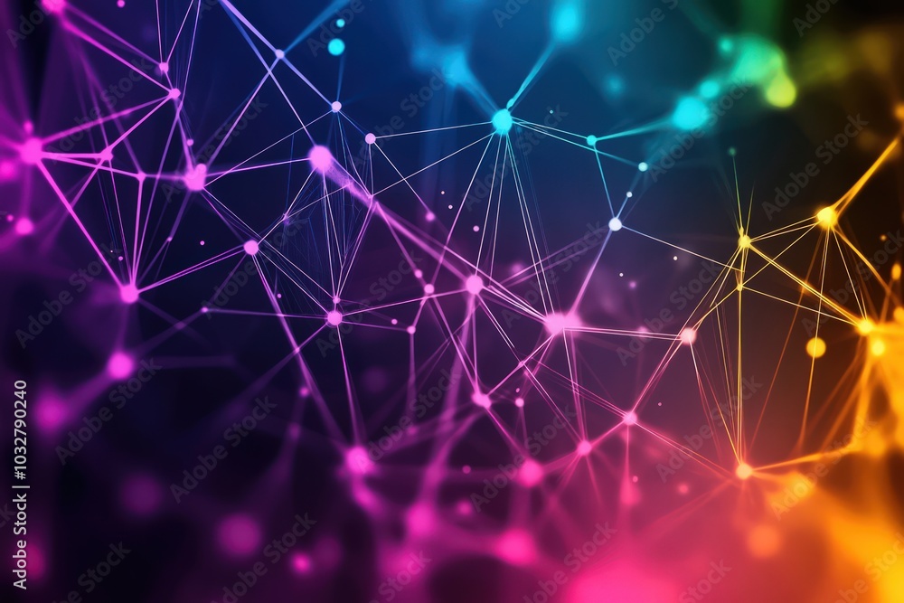 Poster Digital web background with sharp lines and interconnected dots in bright colors