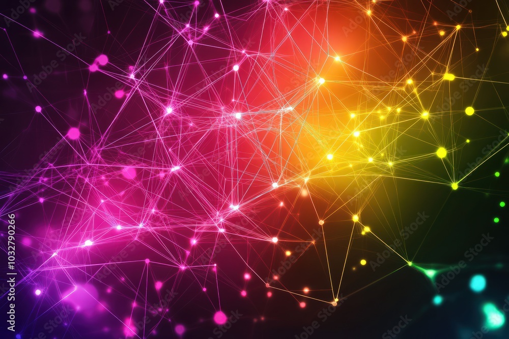 Poster Digital web background with sharp lines and interconnected dots in bright colors