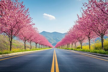 Fototapeta premium A winding road lined with cherry blossom trees leading into a valley