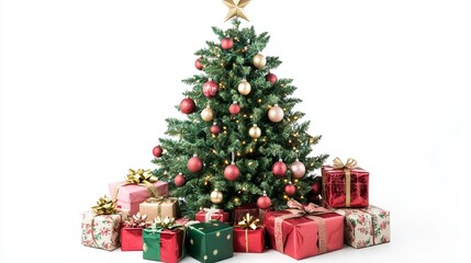 A Christmas tree with ornaments and gifts sits on a white background, ready for the New Year.
