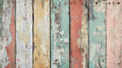 A close-up view of rustic wooden planks with peeling paint showcasing vintage colors and textures in a weathered appearance