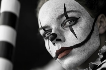A close-up of a clown's face in striking monochrome makeup, with sharp, defined features and an intense, captivating gaze creating a dramatic visual impact.