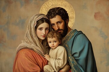 icon with the image of the Holy Family: little Jesus, Mary and Joseph