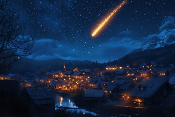 Obraz premium A Nighttime View of a Small Village Under a Starry Sky with a Shooting Star