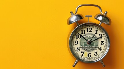 A vintage alarm clock showcasing dollar bills against a bright yellow background