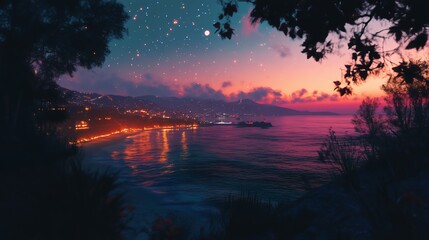 Obraz premium A picturesque view of a coastal city at sunset, with twinkling lights reflecting in the water.