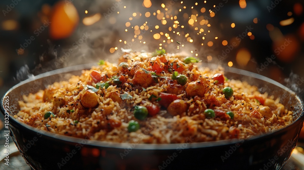 Poster vibrant biryani falling in mid-air with sparkling reflection on gradient background - hyperrealistic