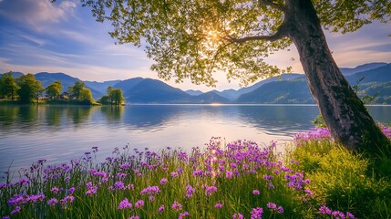 Vibrant trees and purple flowers embracing tranquil lake picture