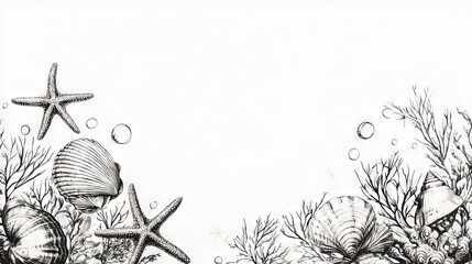  Drawing of coral reef with sea creatures & shells, water bubbles