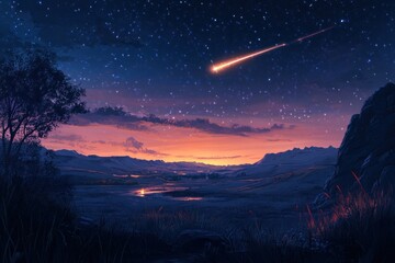 A starry night with a shooting star over a distant mountain range