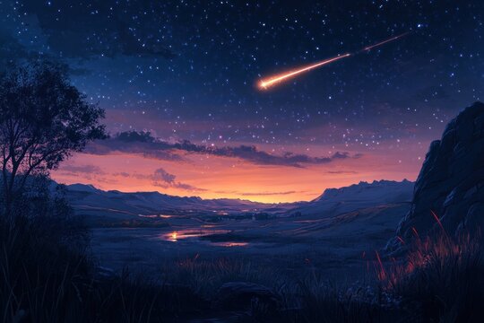 A starry night with a shooting star over a distant mountain range