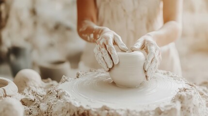 Hands shaping pottery on a wheel, concept of craftsmanship and artistic creation