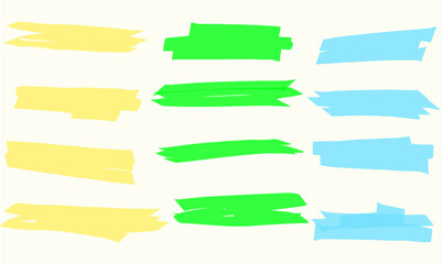 Highlight marker lines. Marker blue green and yellow strokes. Hand drawn marker strokes. Text marker stripes. Text highlights and underlining important notes.