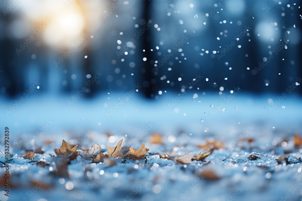 Poster winter background with dry fallen leaves on the snow and trees in the forest in the distance in defo