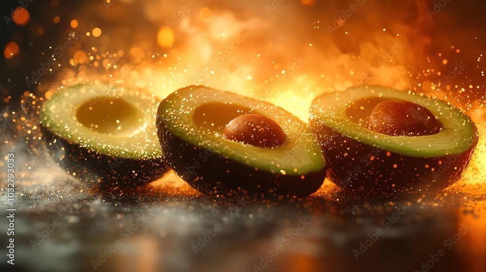 Poster glowing avocado toast - minimal hyperdetailed 16k image with sparkles in mid-air on gradient backgro
