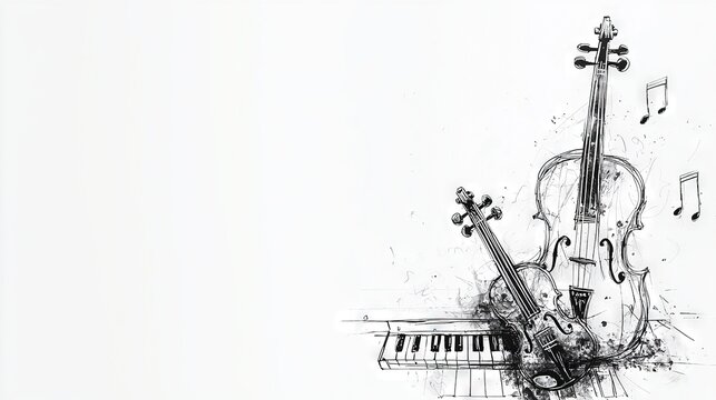   A black-and-white drawing of a violin with music notes on a sheet of music