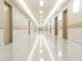 Fototapeta premium A quiet, sterile hospital corridor illuminated by soft lighting during the early evening hours
