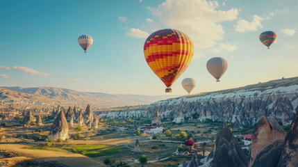 Obraz premium Breathtaking sunrise view of colorful hot air balloons floating over Cappadocia's fairy chimneys