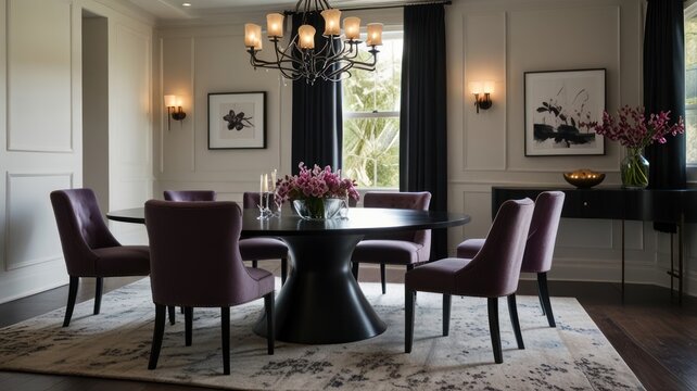 A modern dining room with a black oval table and six purple chairs. There is a rug on the floor, a chandelier hanging from the ceiling, and two black sconces on the walls. 