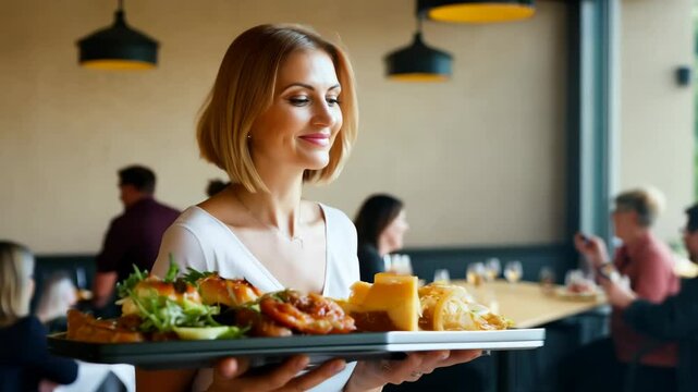 A woman with short blonde hair holds a tray of food in a casual, relaxed restaurant setting.