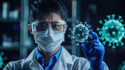 virus and scientist in the laboratory. Selective focus