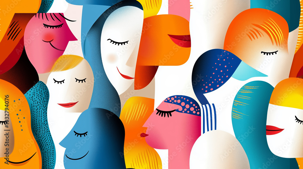 Poster seamless pattern filled with abstract women faces, displaying a vibrant array of colors and expressi
