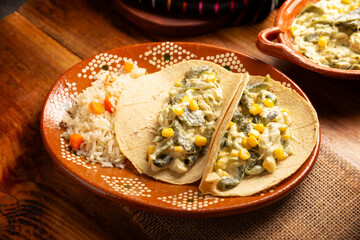 Rajas with Cream. Very popular dish in Mexico that consists of strips of poblano chili with cream, it is served as a garnish or in tacos, it is a typical recipe in Mexican Tacos de Guisado.